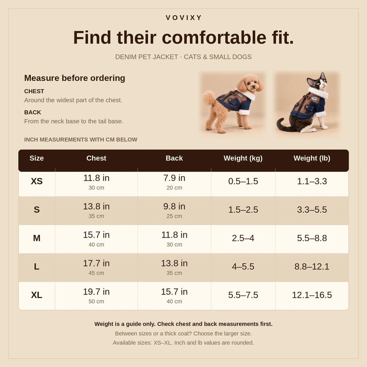 XS to XL denim pet jacket size guide with chest and back measurements in inches and cm and reference pet weight in kg and lb