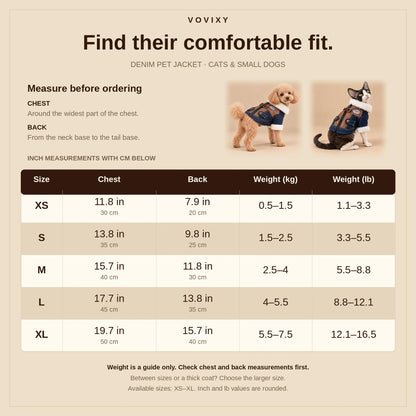 XS to XL denim pet jacket size guide with chest and back measurements in inches and cm and reference pet weight in kg and lb