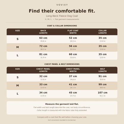 Garment size chart for S, M and L long neck fleece lined dog coats, including coat, collar, chest panel and belt dimensions