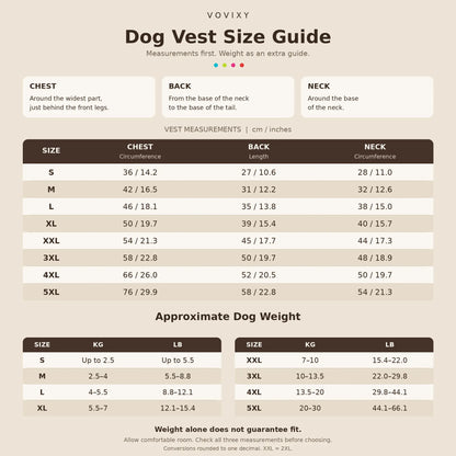 Dog vest size guide for S to 5XL, with chest, back and neck measurements plus approximate dog weight in kg and lb
