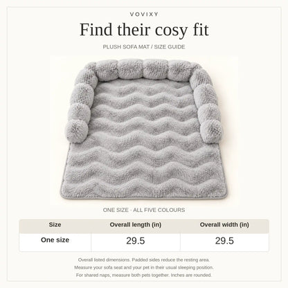 One-size plush dog sofa mat guide showing overall length and width of 29.5 inches