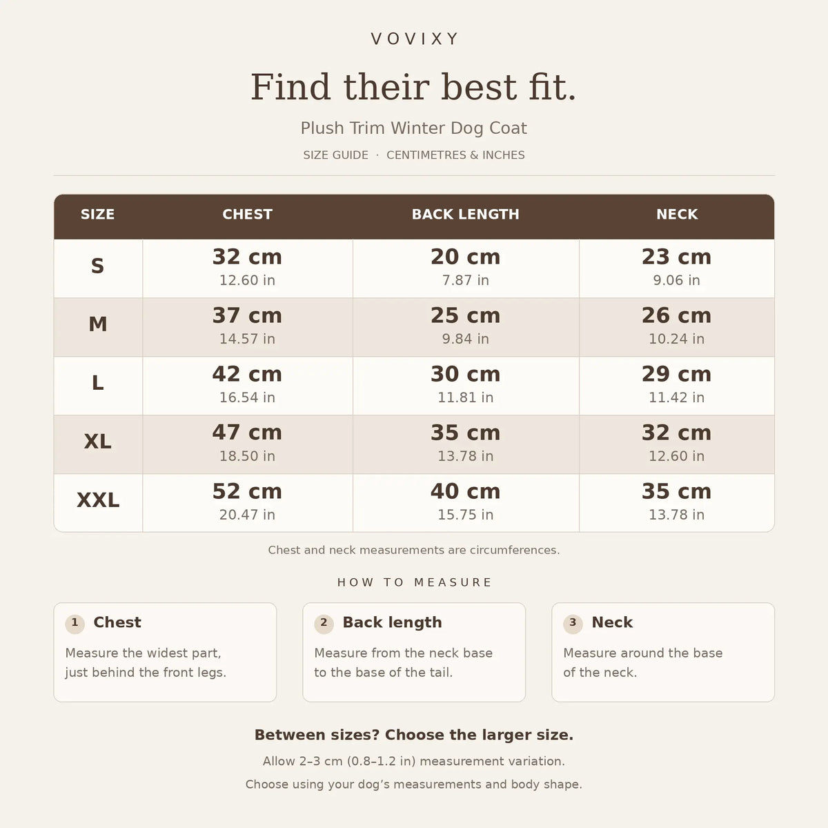 Size guide for S to XXL plush trim winter dog coats, with chest, back and neck measurements in centimetres and inches