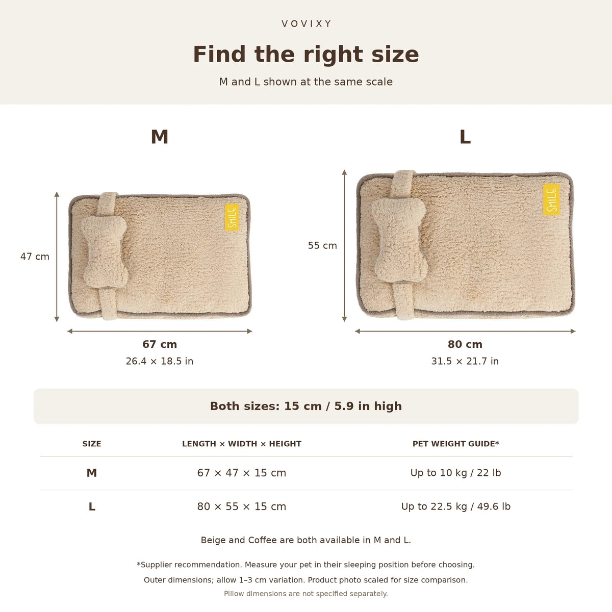 Plush pet bed size guide: M 67 x 47 x 15 cm up to 22 lb; L 80 x 55 x 15 cm up to 49.6 lb
