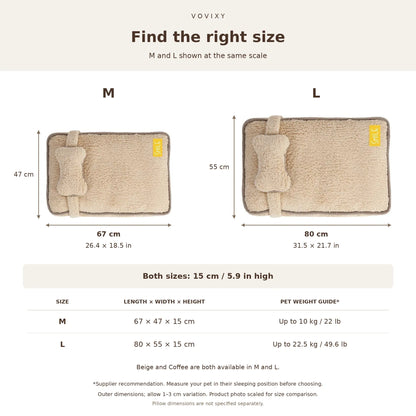 Plush pet bed size guide: M 67 x 47 x 15 cm up to 22 lb; L 80 x 55 x 15 cm up to 49.6 lb