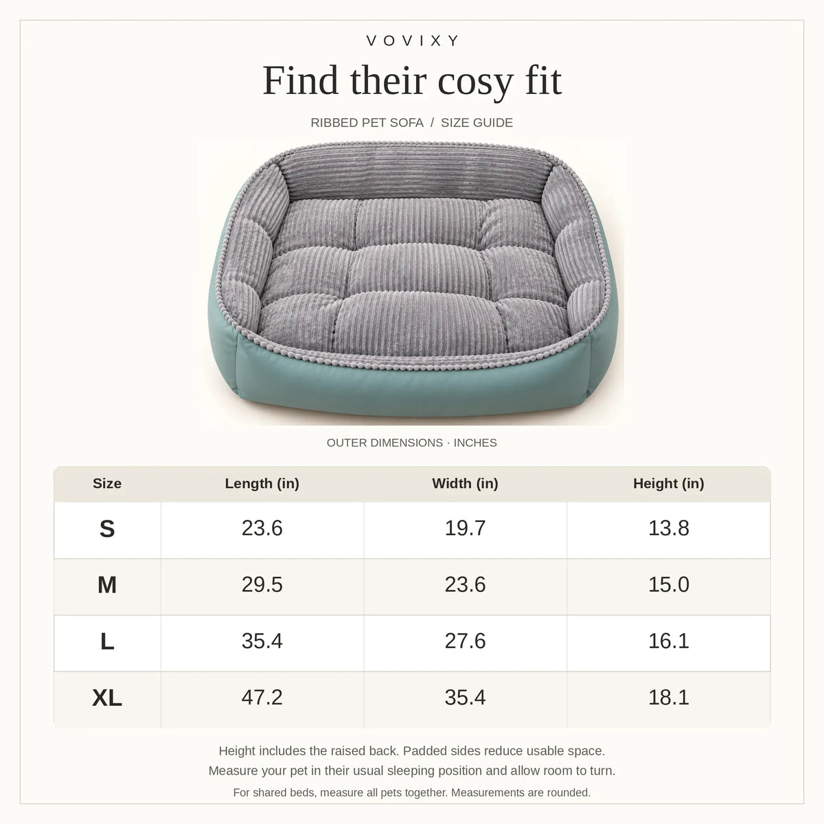 S to XL dog sofa bed size guide showing outer length, width and height in inches