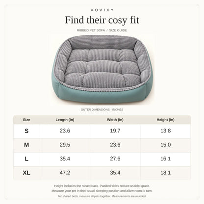 S to XL dog sofa bed size guide showing outer length, width and height in inches