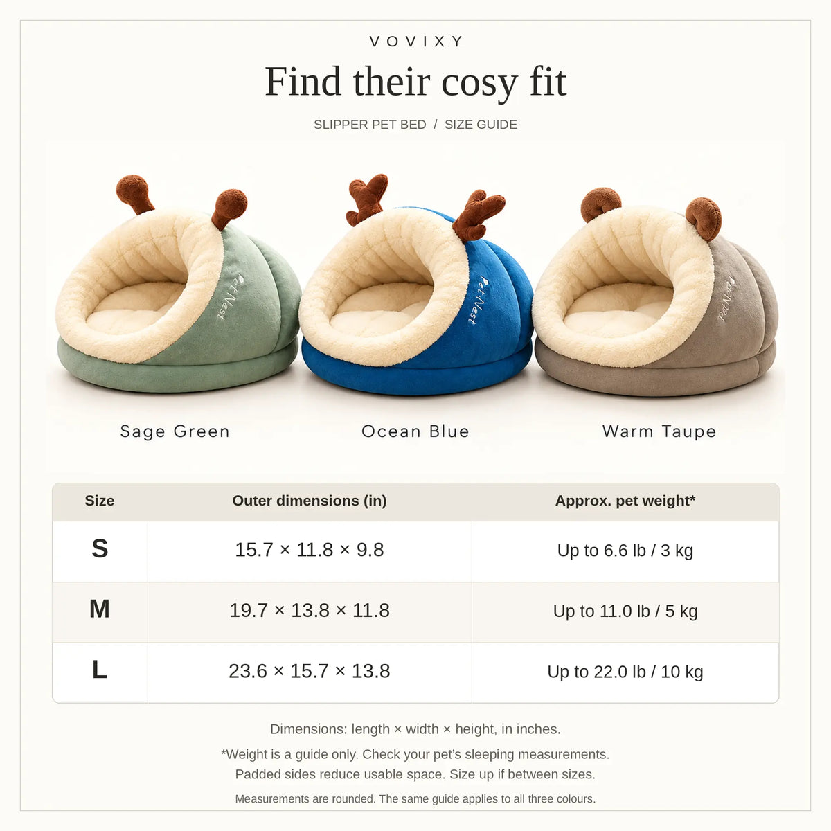S, M and L slipper pet bed size guide with outer dimensions in inches and approximate pet weight in lb and kg