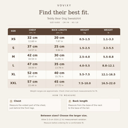 XS to XXL teddy bear dog sweatshirt size guide with chest and back measurements in cm and inches and approximate dog weight in kg and lb
