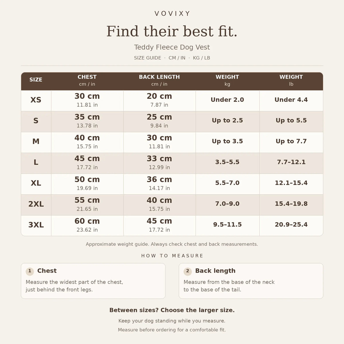 XS to 3XL teddy fleece dog vest size guide with chest and back measurements in cm and inches and approximate dog weight in kg and lb