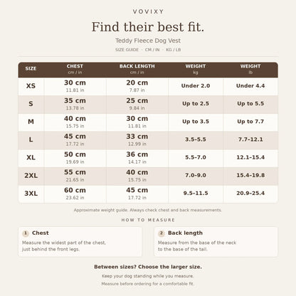 XS to 3XL teddy fleece dog vest size guide with chest and back measurements in cm and inches and approximate dog weight in kg and lb