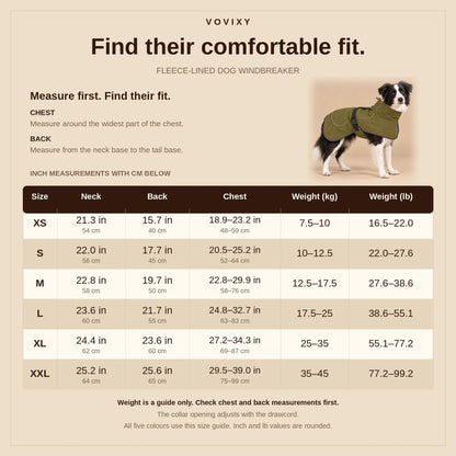 XS to XXL fleece-lined dog windbreaker size guide with collar, back and chest measurements in inches and cm and reference dog weight in kg and lb