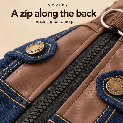 Close-up of the back zip, brown panels and buttoned denim pocket details on the pet jacket