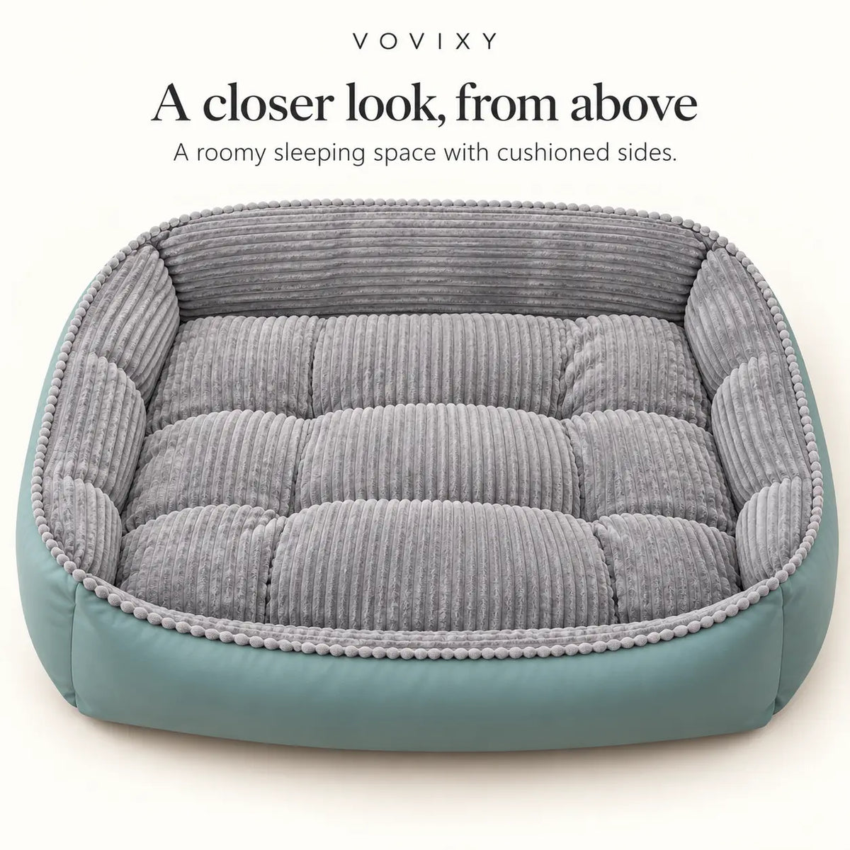 Overhead view of the grey ribbed velvet dog sofa bed with seafoam outer panels