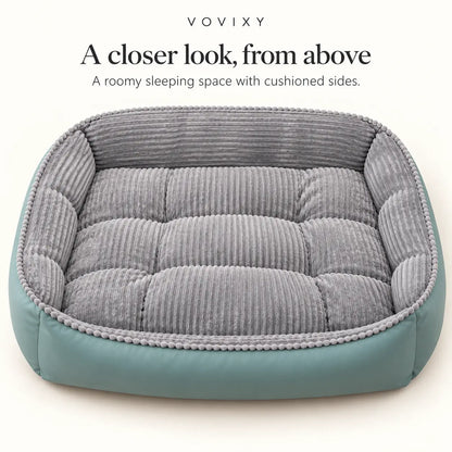 Overhead view of the grey ribbed velvet dog sofa bed with seafoam outer panels