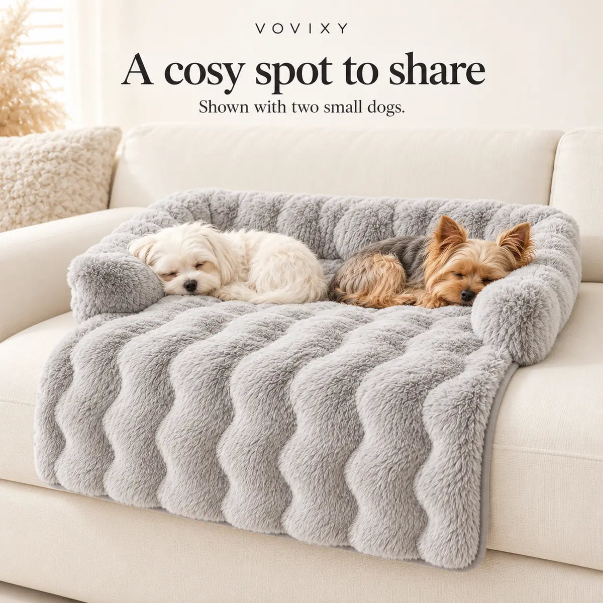 Two small dogs resting on a Light Gray plush sofa mat with raised bolsters and a draped front