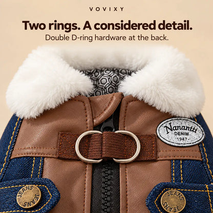 Double D-ring hardware and white plush collar on the back of the denim pet jacket