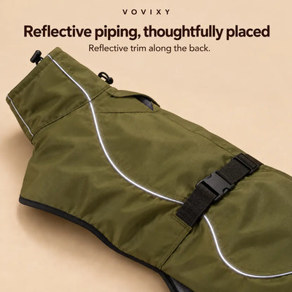 Olive Green dog windbreaker laid flat, showing reflective piping and the adjustable buckle strap