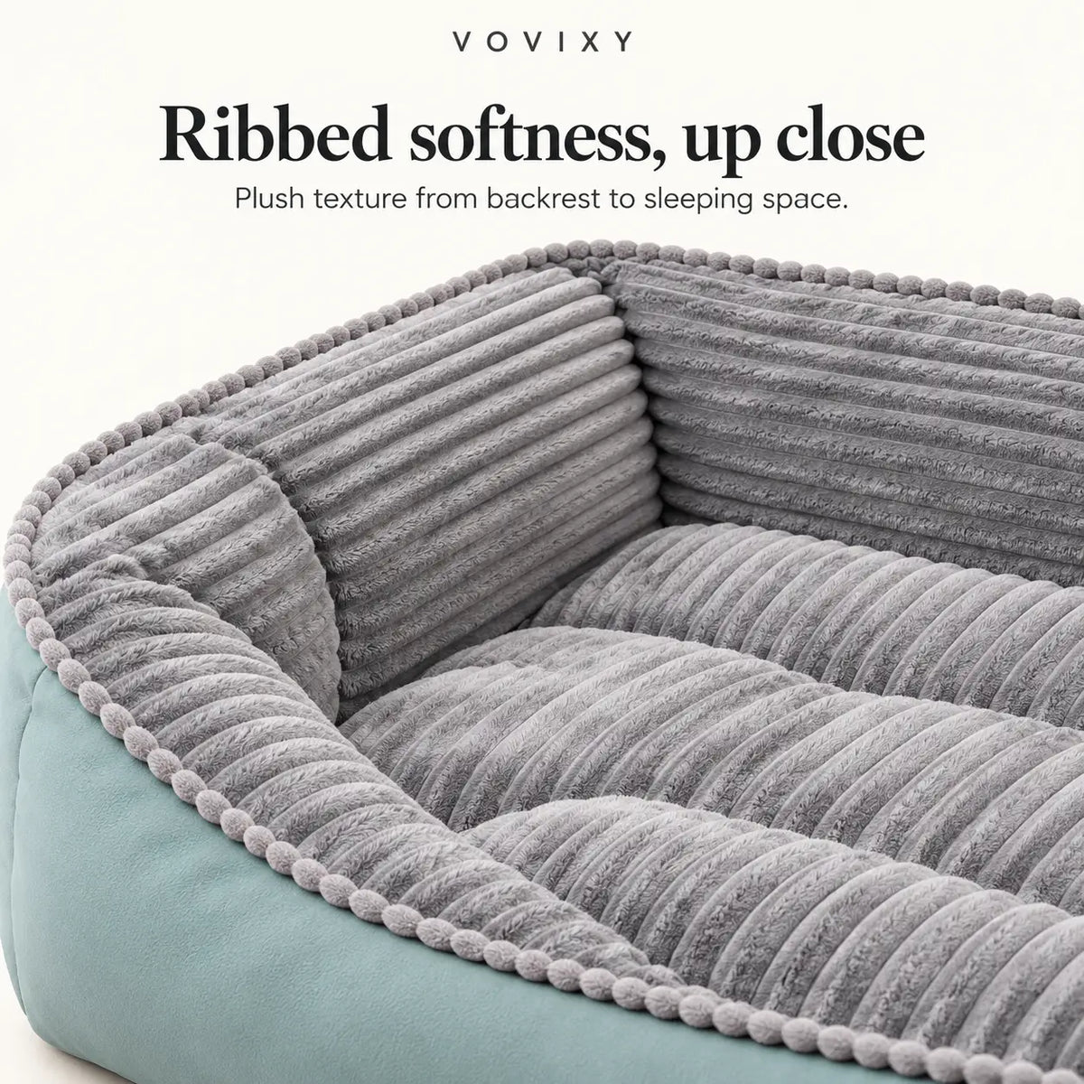 Close-up of grey ribbed velvet lining across the sofa bed backrest, side and sleeping cushion
