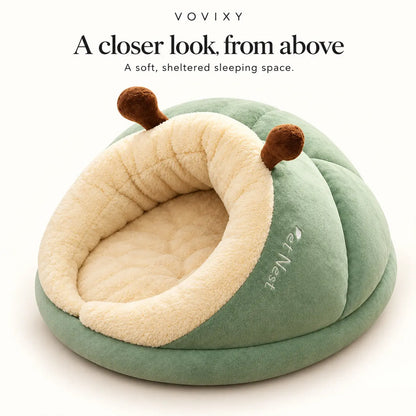 Overhead view of the Sage Green slipper cave bed showing its padded sleeping area