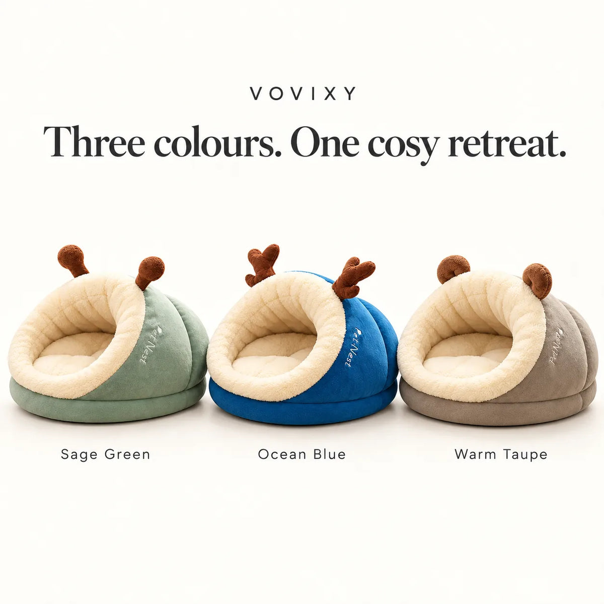 Sage Green, Ocean Blue and Warm Taupe slipper pet beds displayed together with cream plush lining