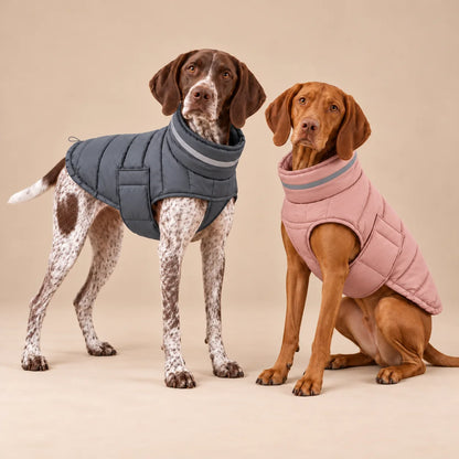 German Shorthaired Pointer in a grey padded coat beside a Hungarian Vizsla wearing the pink colour