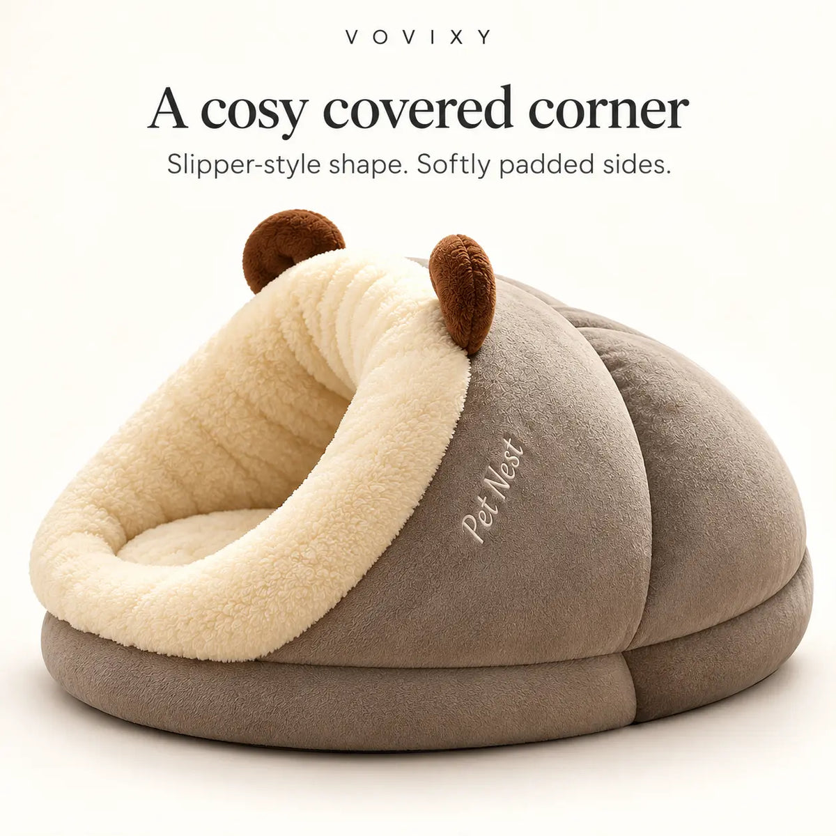 Warm Taupe slipper pet bed with rounded bear-ear accents and cream plush lining
