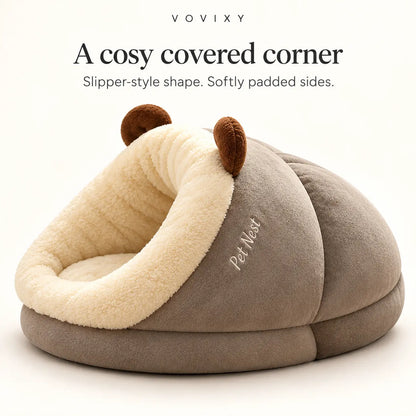 Warm Taupe slipper pet bed with rounded bear-ear accents and cream plush lining