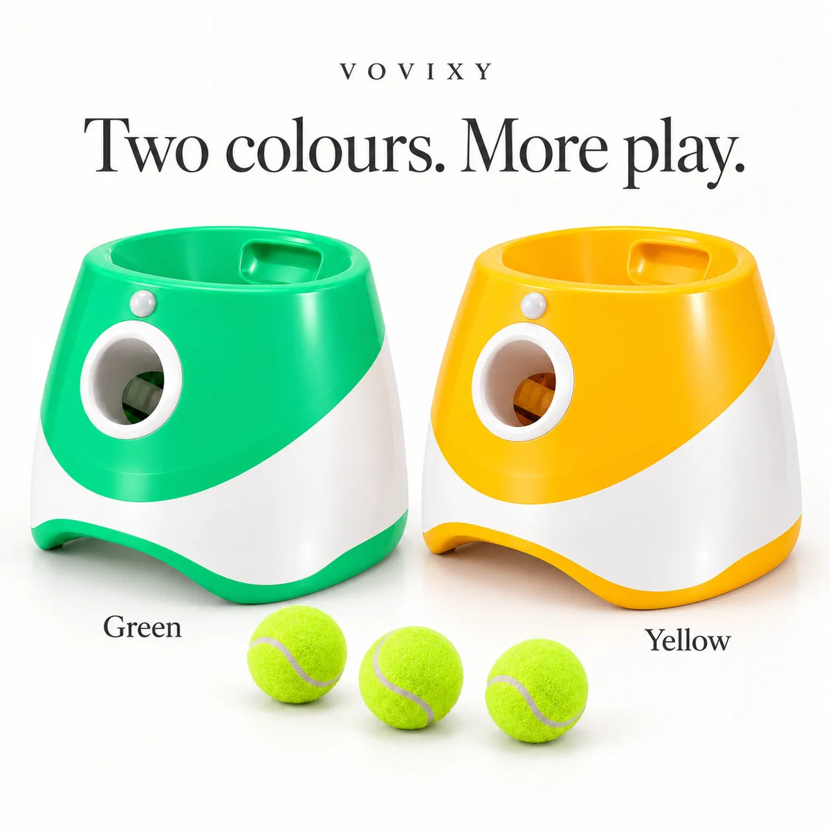 Green and Yellow automatic dog ball launcher colour options with mini tennis balls