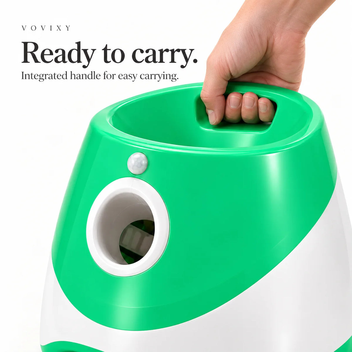 Integrated carry grip inside the top hopper of the green dog ball launcher
