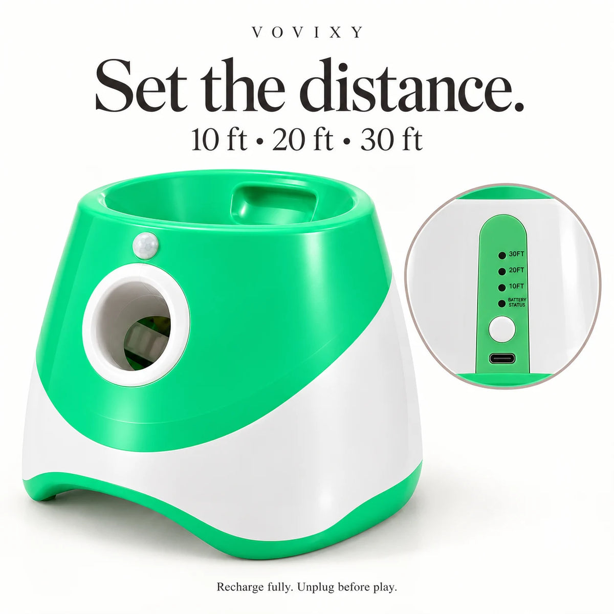 Green dog ball launcher with rear control panel and 10, 20 and 30 foot distance settings