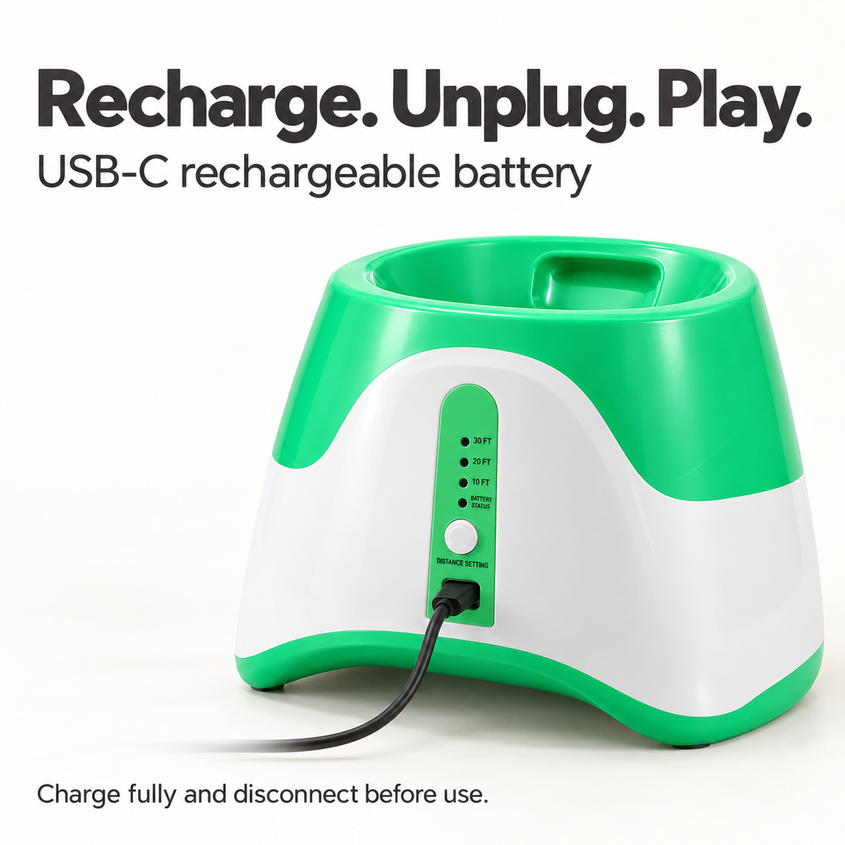 Rear USB-C charging port and distance control panel on the green rechargeable dog ball launcher