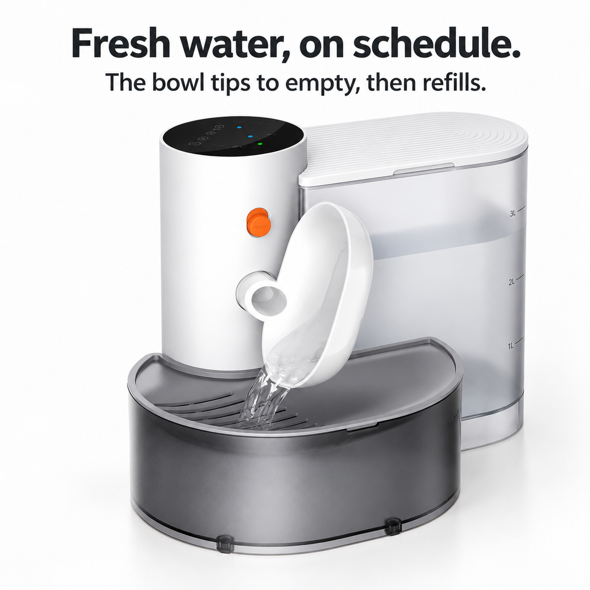 Pet fountain bowl tipping used water into the collection tank before refilling