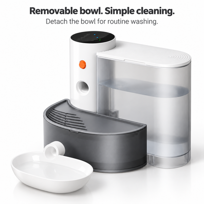 White ABS drinking bowl detached from the pet fountain for routine cleaning