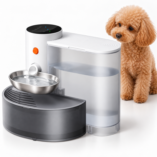 Filterless pet water fountain with stainless steel bowl beside an apricot Toy Poodle